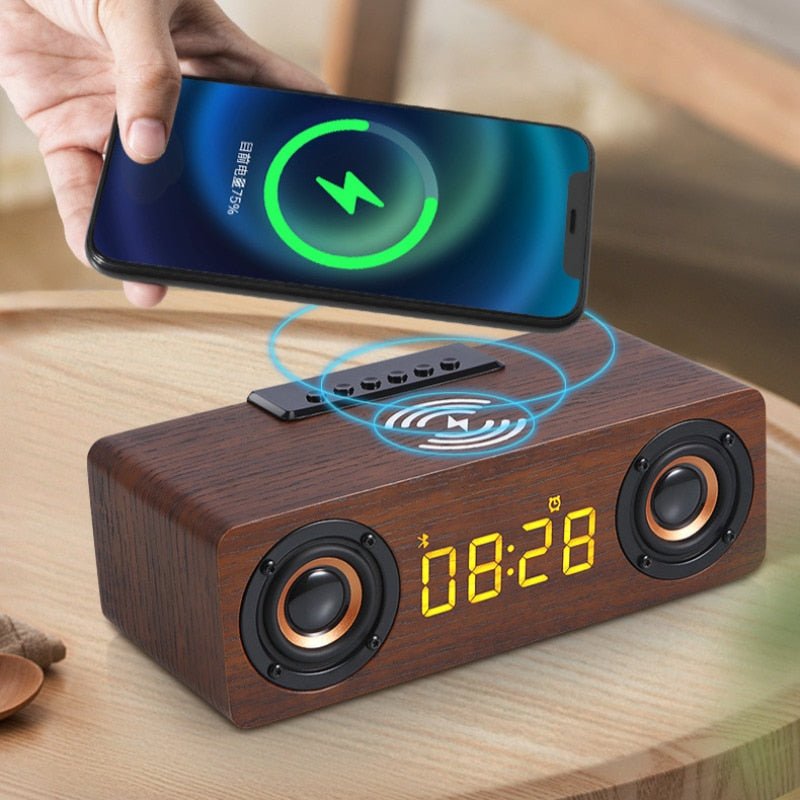 Réveil bois enceinte et chargeur de téléphone sans fil