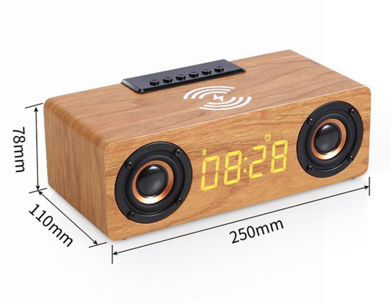 Réveil bois enceinte et chargeur de téléphone sans fil