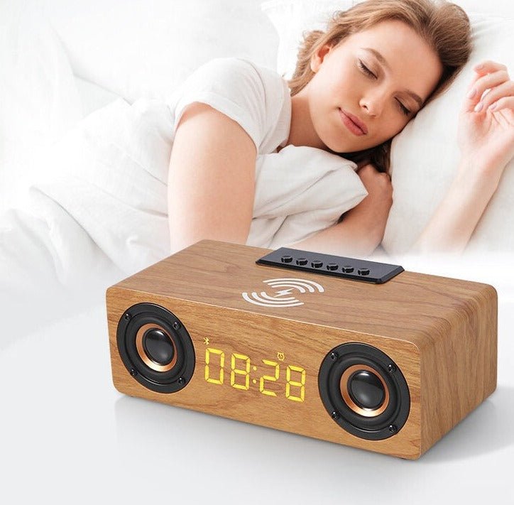 Réveil bois enceinte et chargeur de téléphone sans fil