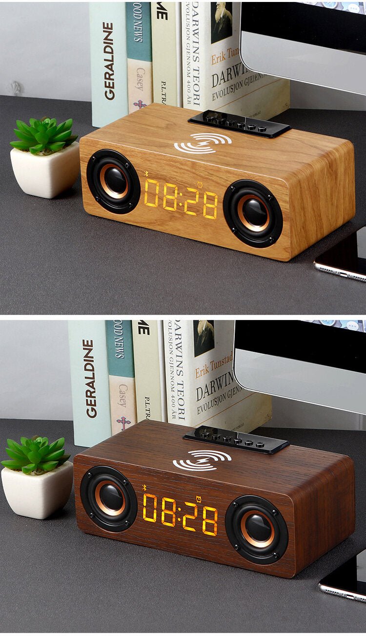 Réveil bois enceinte et chargeur de téléphone sans fil