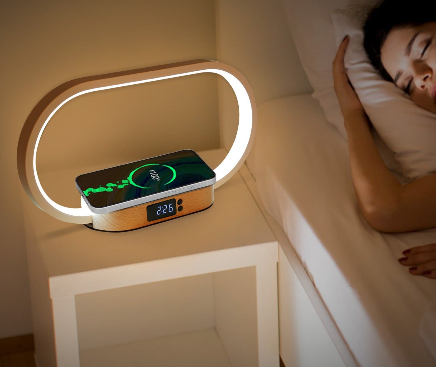 Réveil lumineux bois chargeur de téléphone sans fil