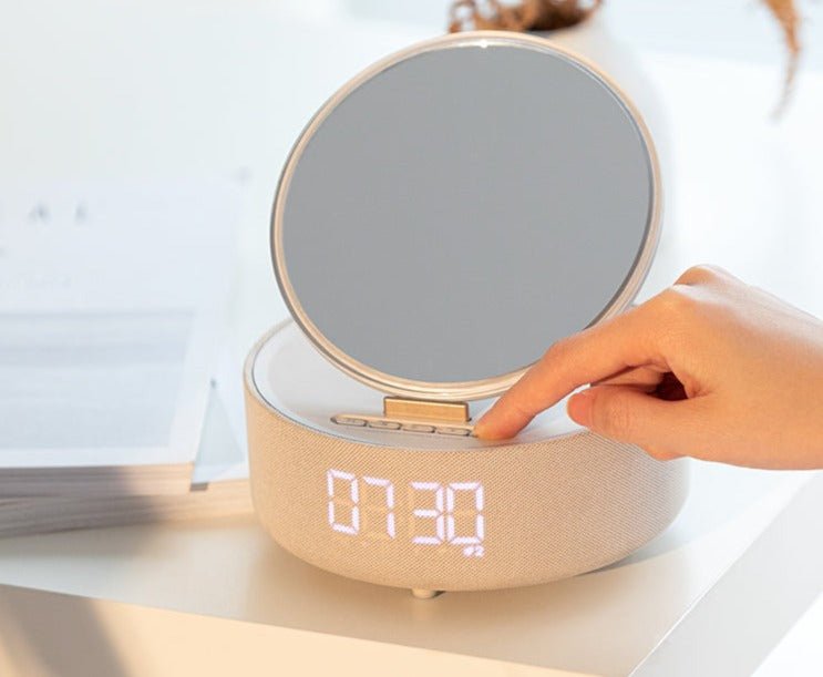 Réveil 5-en-1 miroir chargeur enceinte