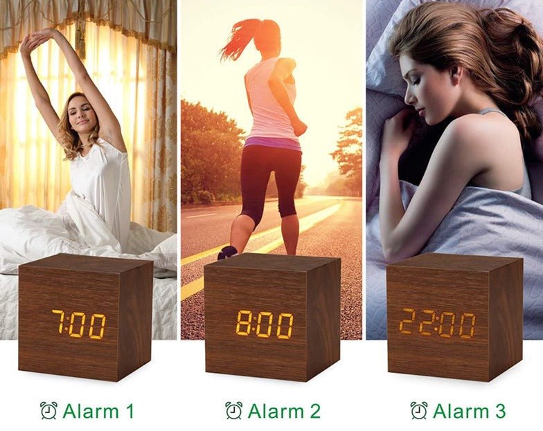 Réveil bois digital en cube - reveille-moi