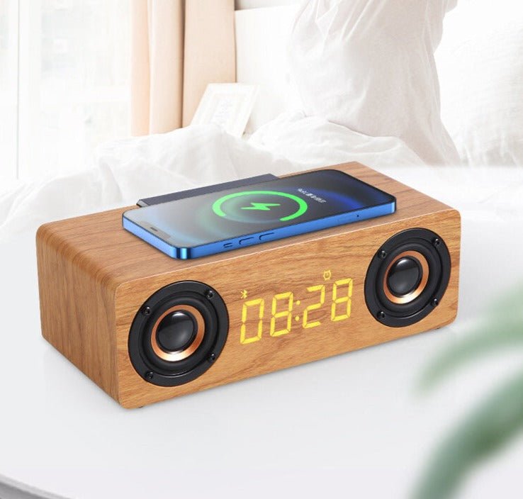 Réveil bois enceinte et chargeur de téléphone sans fil