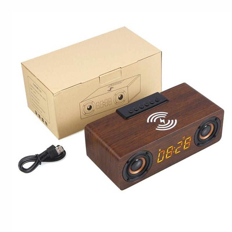 Réveil bois enceinte et chargeur de téléphone sans fil