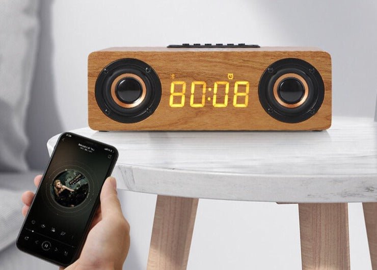 Réveil bois enceinte et chargeur de téléphone sans fil