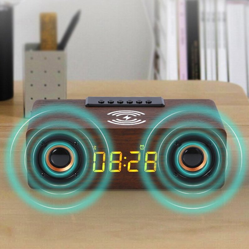Réveil bois enceinte et chargeur de téléphone sans fil