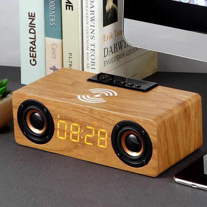 Réveil bois enceinte et chargeur de téléphone sans fil