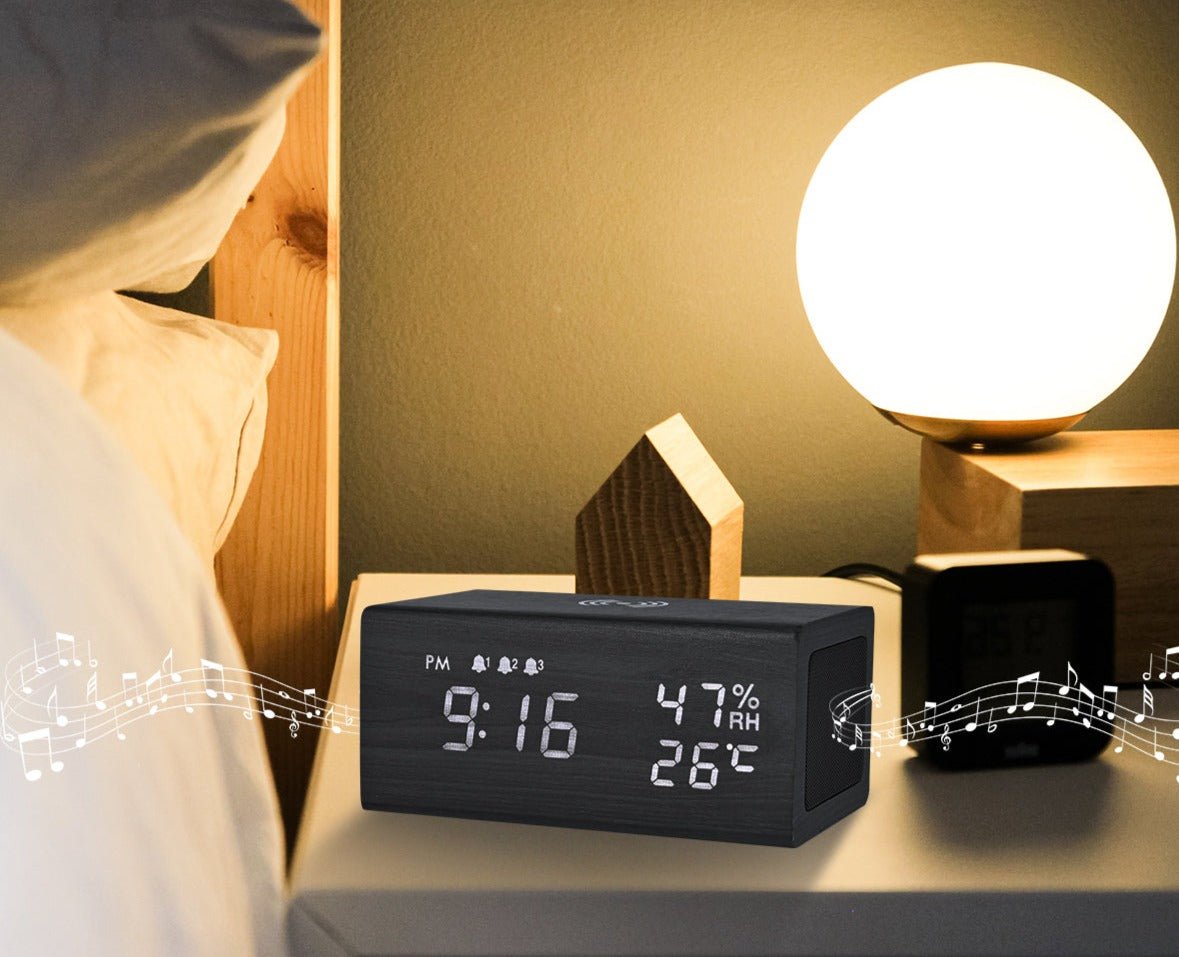 Réveil bois enceinte et météo