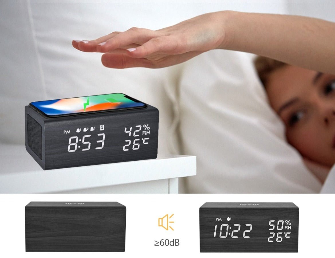 Réveil bois enceinte et météo