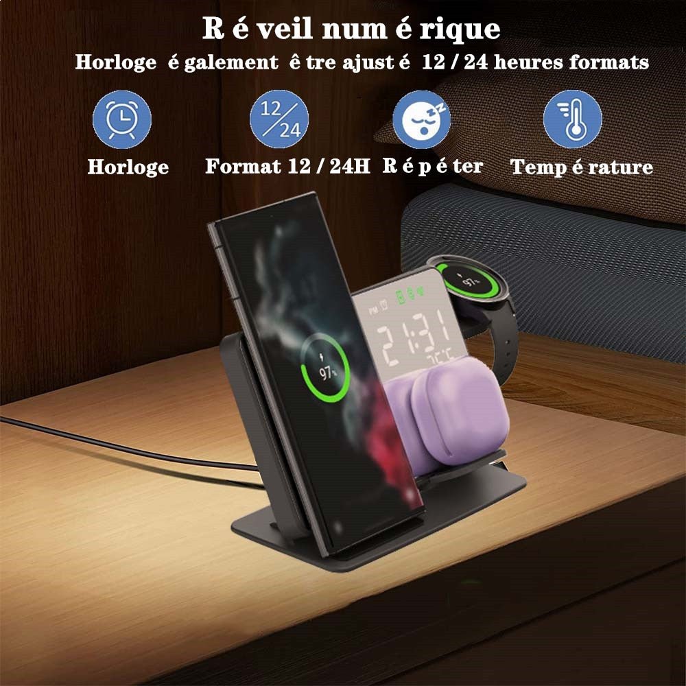 Réveil chargeur téléphone écouteurs montre