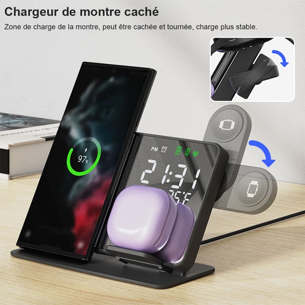 Réveil chargeur téléphone écouteurs montre