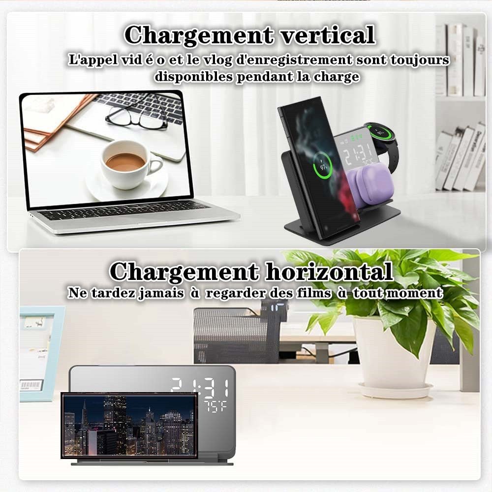 Réveil chargeur téléphone écouteurs montre