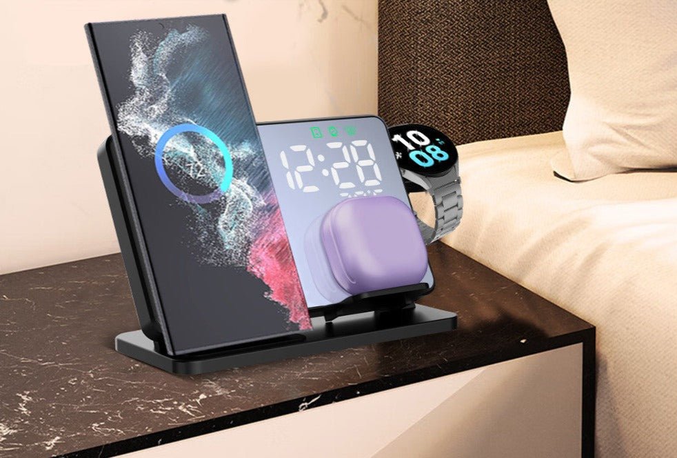 Réveil chargeur téléphone écouteurs montre