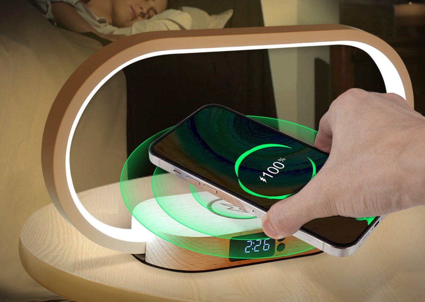 Réveil lumineux bois chargeur de téléphone sans fil