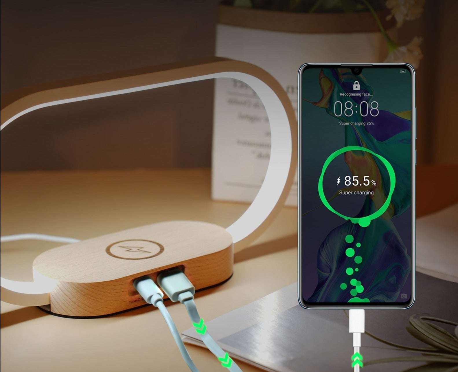 Réveil lumineux bois chargeur de téléphone sans fil